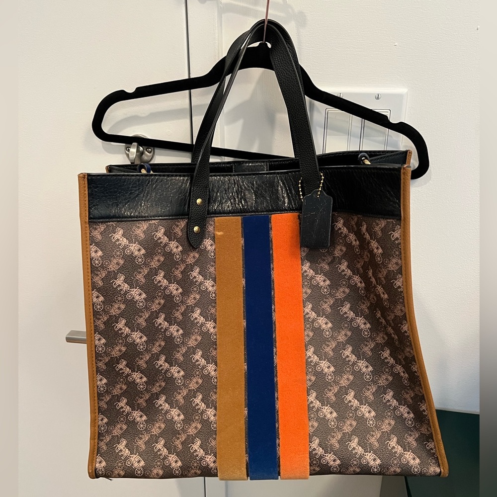 Coach Horse and Carriage Field Tote 40 in signature varsity stripe style 88243